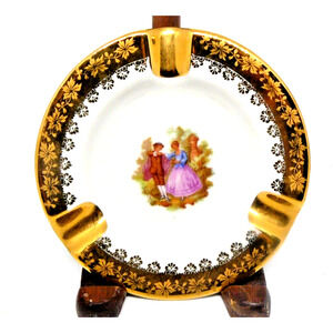 Limoges France Goudeville Porcelain AshTray Victorian Courting Couple Gilt Edge